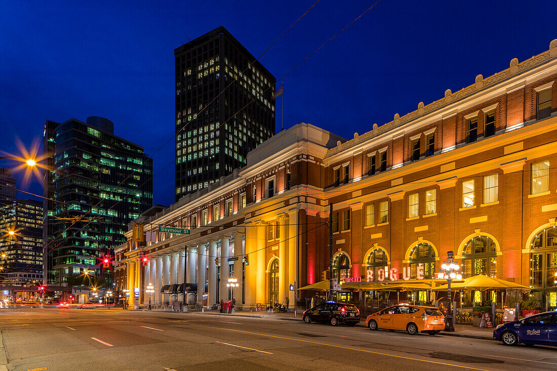 Historic Canadian Pacific Railway building at dusk in Vancouver, British Columbia, Canada