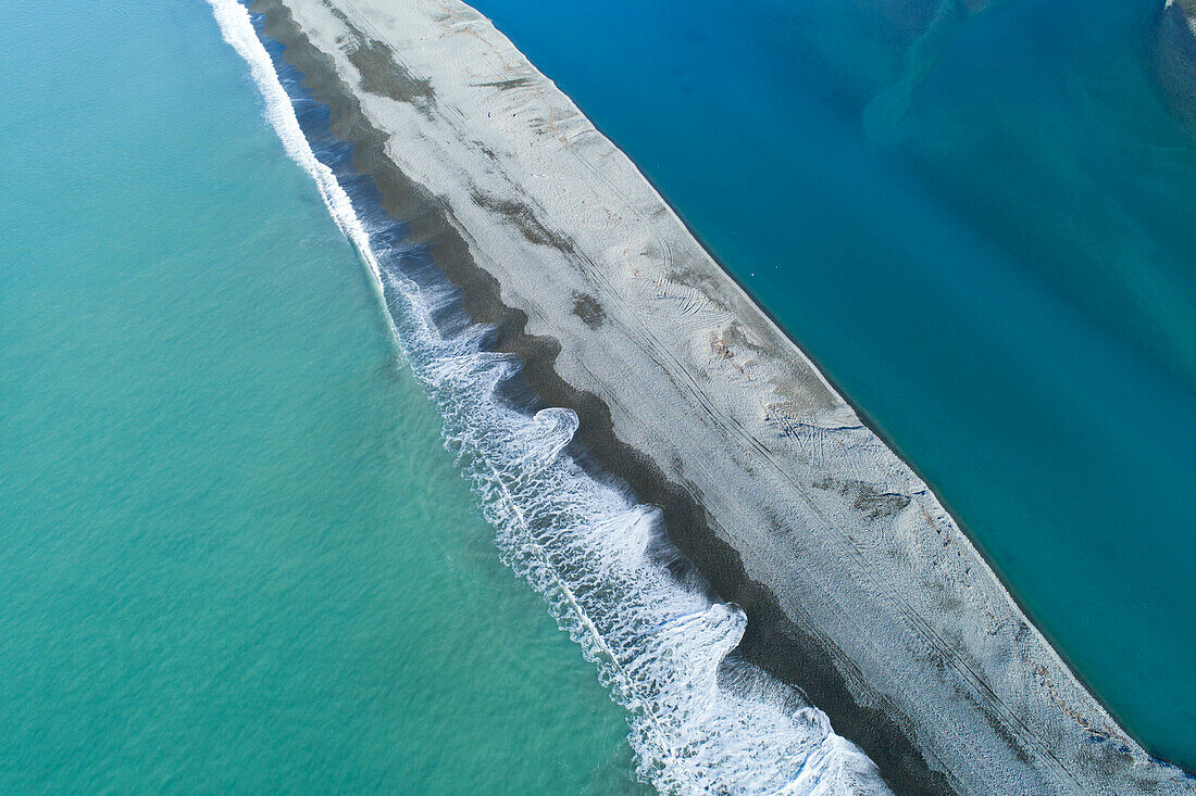 Schotterbank an der Mündung des Rakaia River, Mid Canterbury, Südinsel, Neuseeland