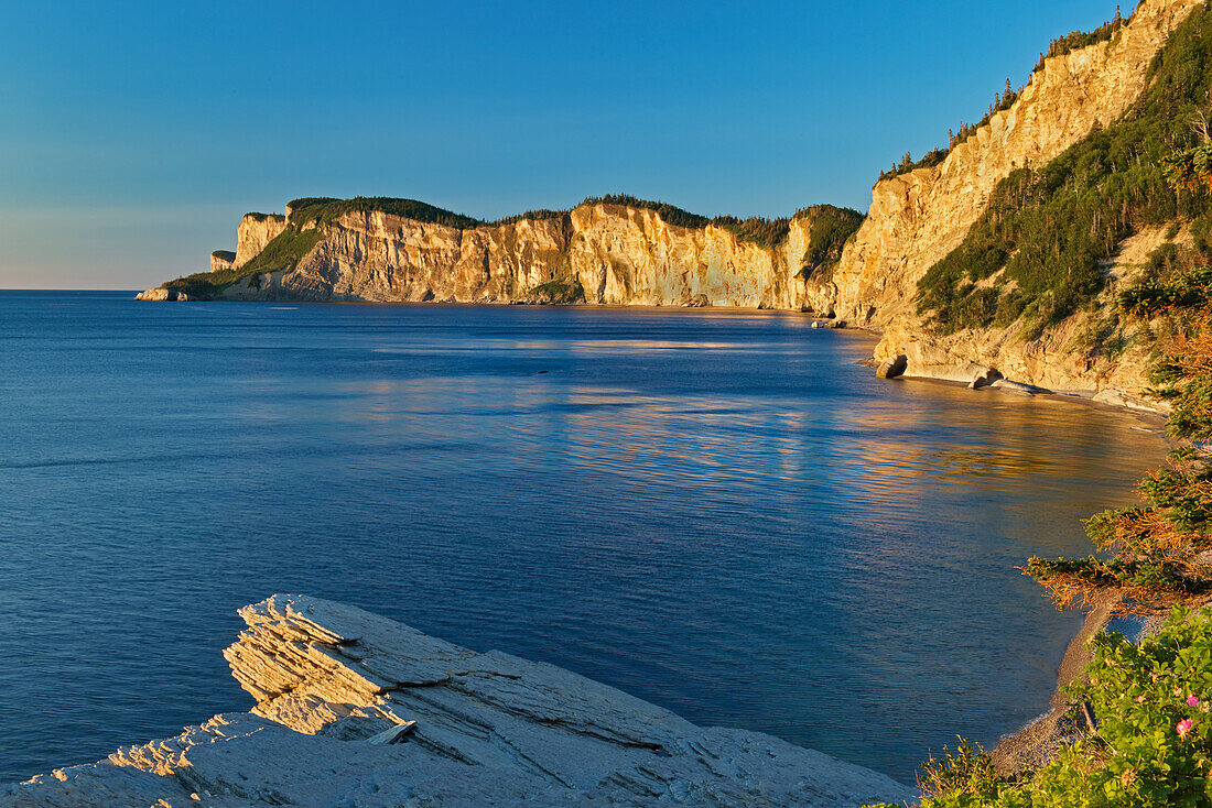 Canada, Quebec, Forillon National Park. Limestone cliffs along Gulf of St. Lawrence at sunrise