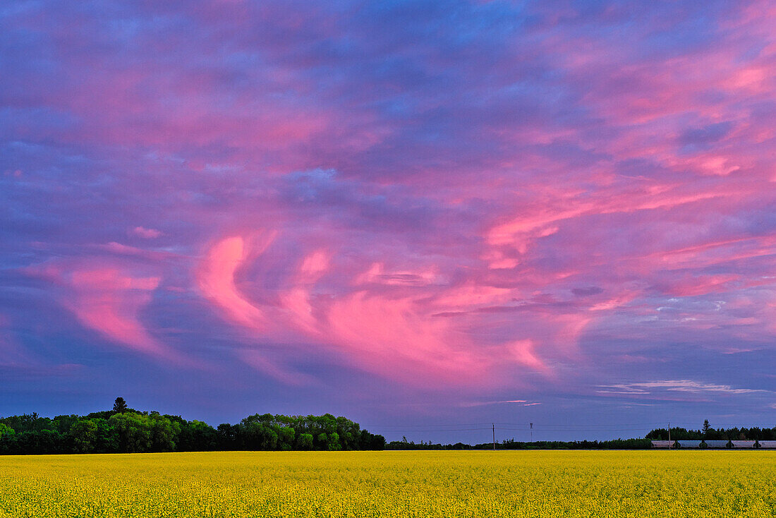 Kanada, Manitoba, Dugald. Wolken bei Sonnenuntergang in der Prärie.