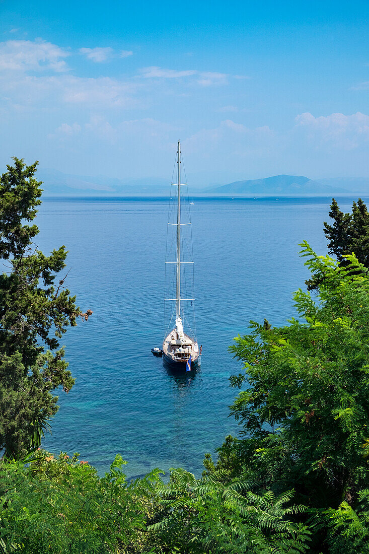 Sailboat moored in Ionian Sea, Corfu, Greece