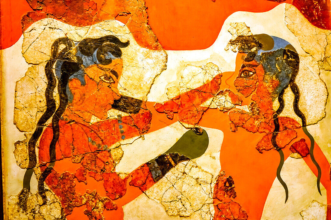 Ancient boxers fresco, National Archaeological Museum, Athens, Greece. From Akrotiri Ruins, Santorini Island, Greece 16th Century BC