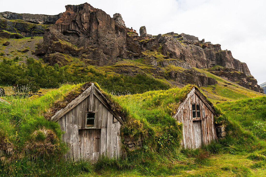 Europe, Southeast Iceland, Nupsstadur Turf Farmstead. Old homes covered with turf for protection and insulation.