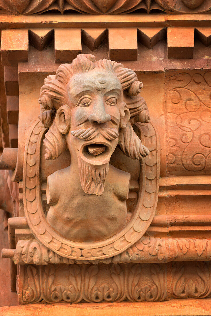 France, Alsace, Colmar. Detail of one of 111 gargoyle heads on the facade of Maison des Tetes (House of the Heads) built in 1609 in the Rhineland Renaissance style.