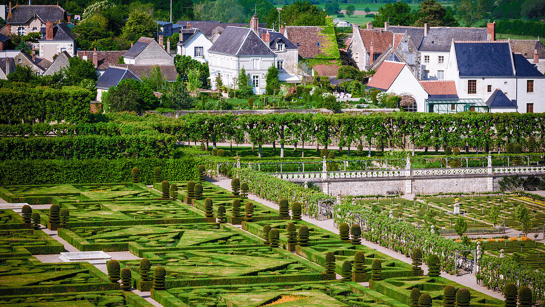 Gärten und Dorf, Chateau de Villandry, Villandry, Loiretal, Frankreich