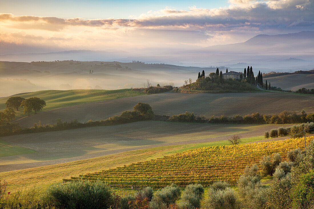 Sunrise over the Belvedere and countryside of Val d'Orcia near San Quirico d'Orcia, Tuscany, Italy