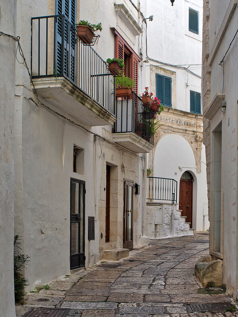 Italy, Puglia, Brindisi, Itria Valley, Ostuni. The narrow alleyways of the old town of Ostuni.