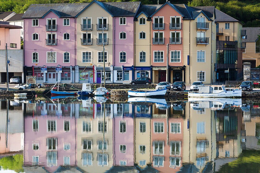 Ireland, County Cork, Bantry, harborfront buildings, morning