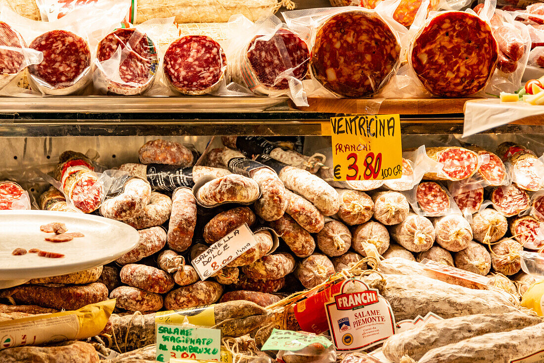 Italy, Rome. Piazza della Rotunda, meat at Salami Antica