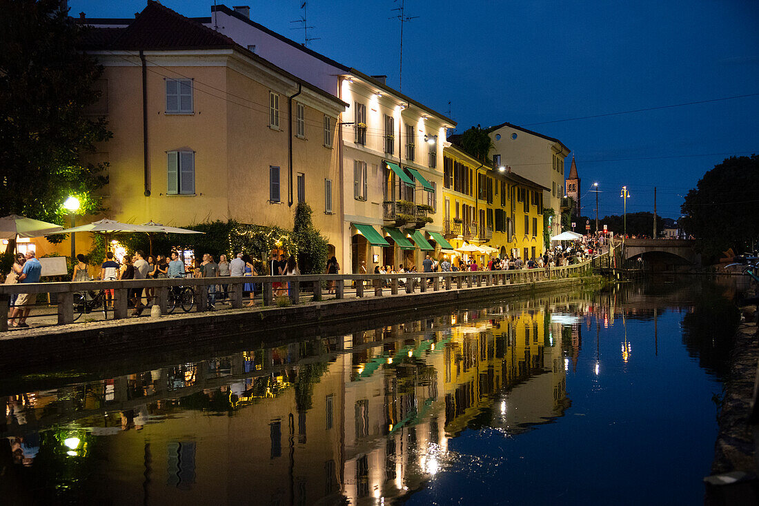 Italy, Lombardy, Milan. Historic Naviglio Grande canal area known for vibrant nightlife