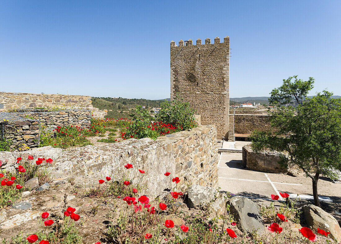 The medieval castle with foundations from Moorish times . Mertola on the banks of Rio Guadiana in the Alentejo. Portugal