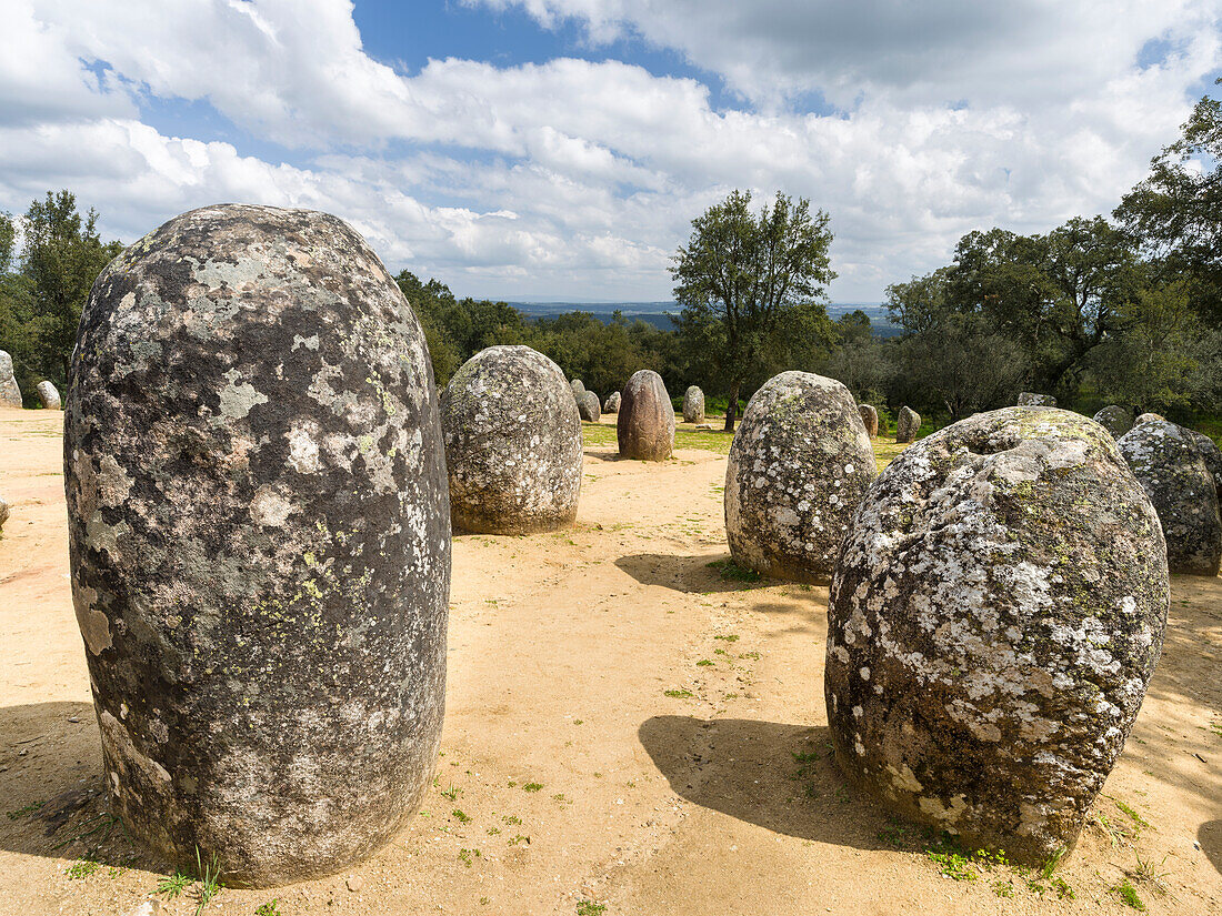 Almendres Cromlech (Cromeleque dos Almendres), an oval stone circle dating back to the late Neolithic or early Copper Age. Portugal