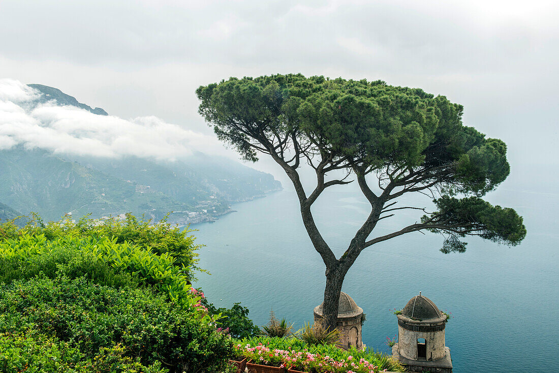 Italy, Amalfi Coast, Ravello, View of Coastline from Villa Rufolo