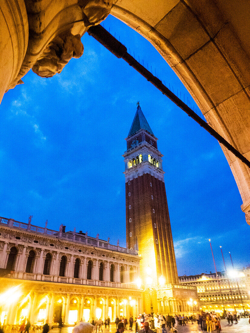 Italy, Venice, Evening view of Bell Tower at San Marco Square