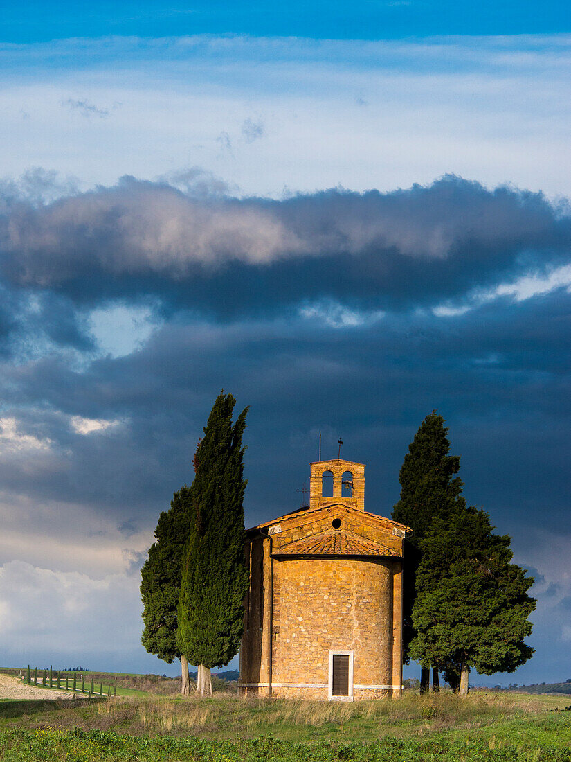 Italy, Tuscany, Vitaleta chapel near Val Di D'Orcia With morning light also known as the 'Church of the Madonna' World heritage site