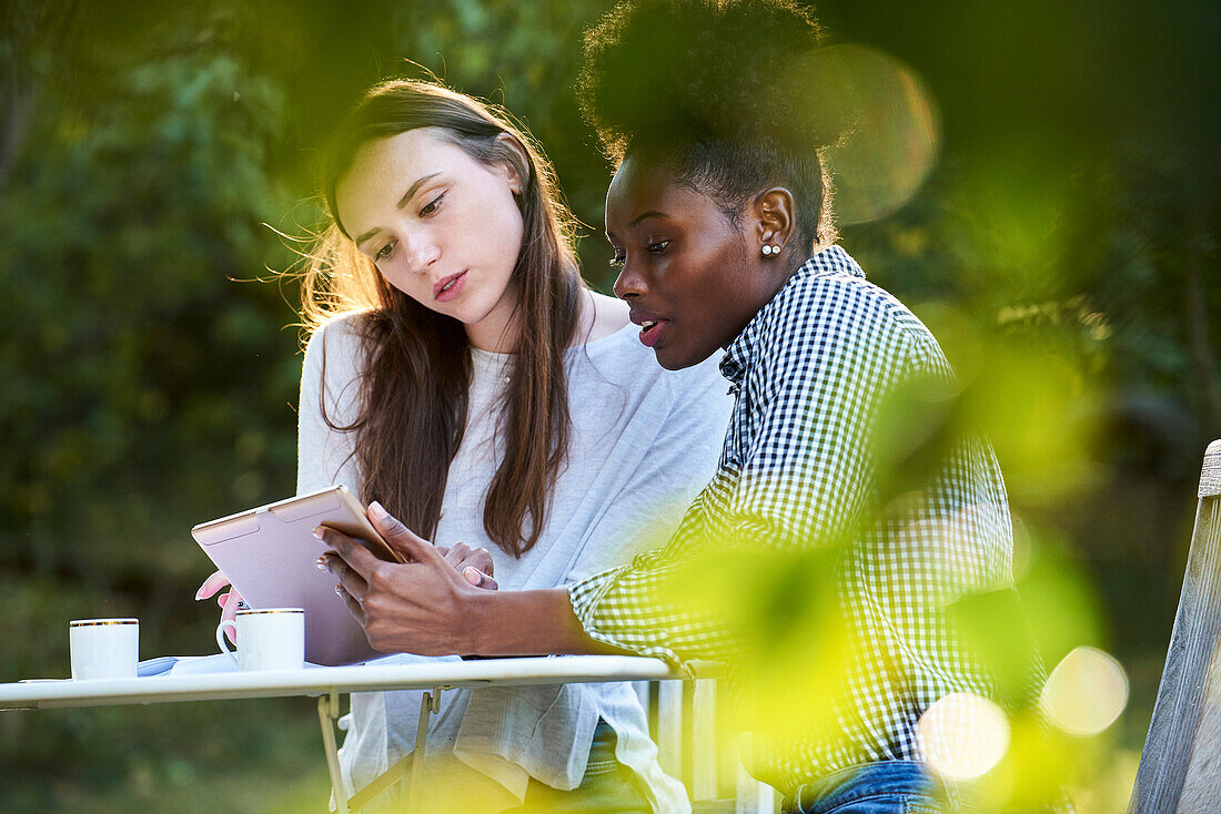 Young female friends studying at table in park