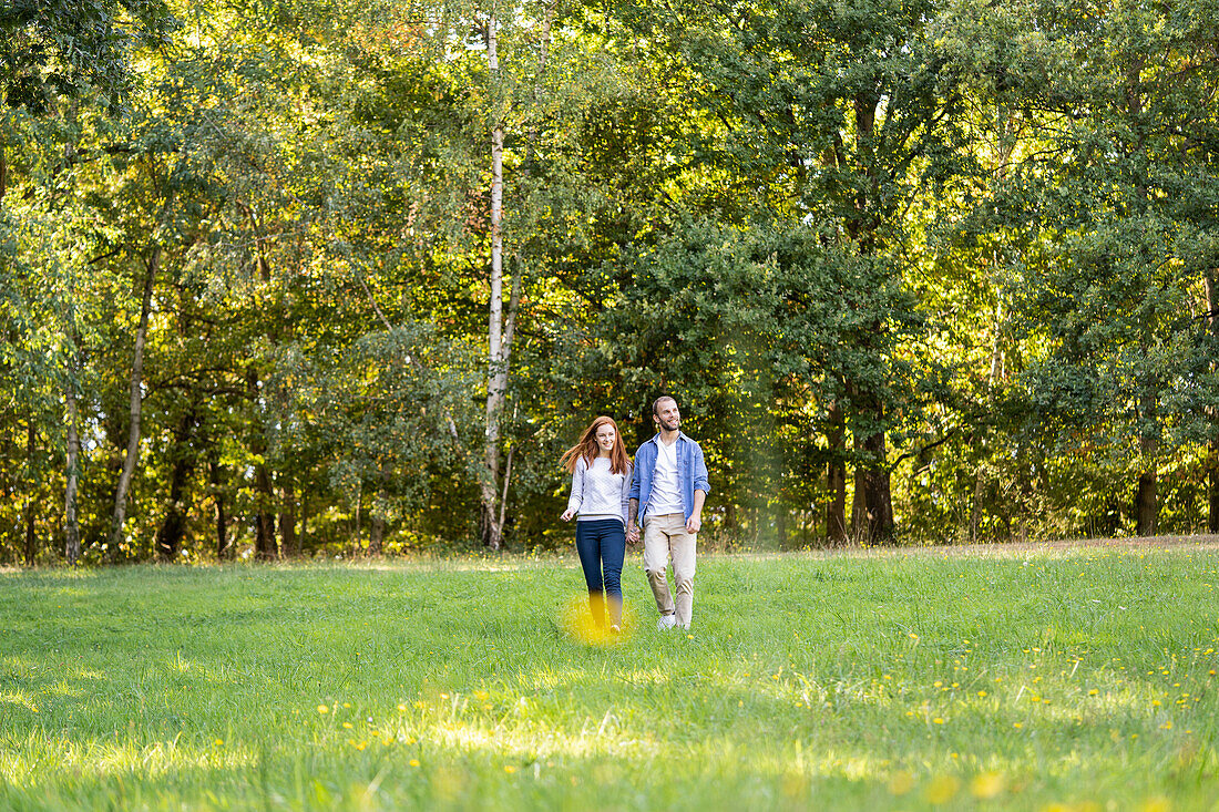 Smiling young couple enjoying a stroll in a park