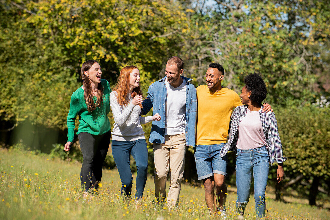 Happy young friends walking through meadow in public park