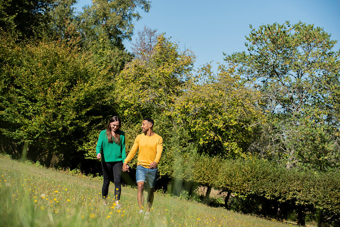 Smiling young couple walking in public park