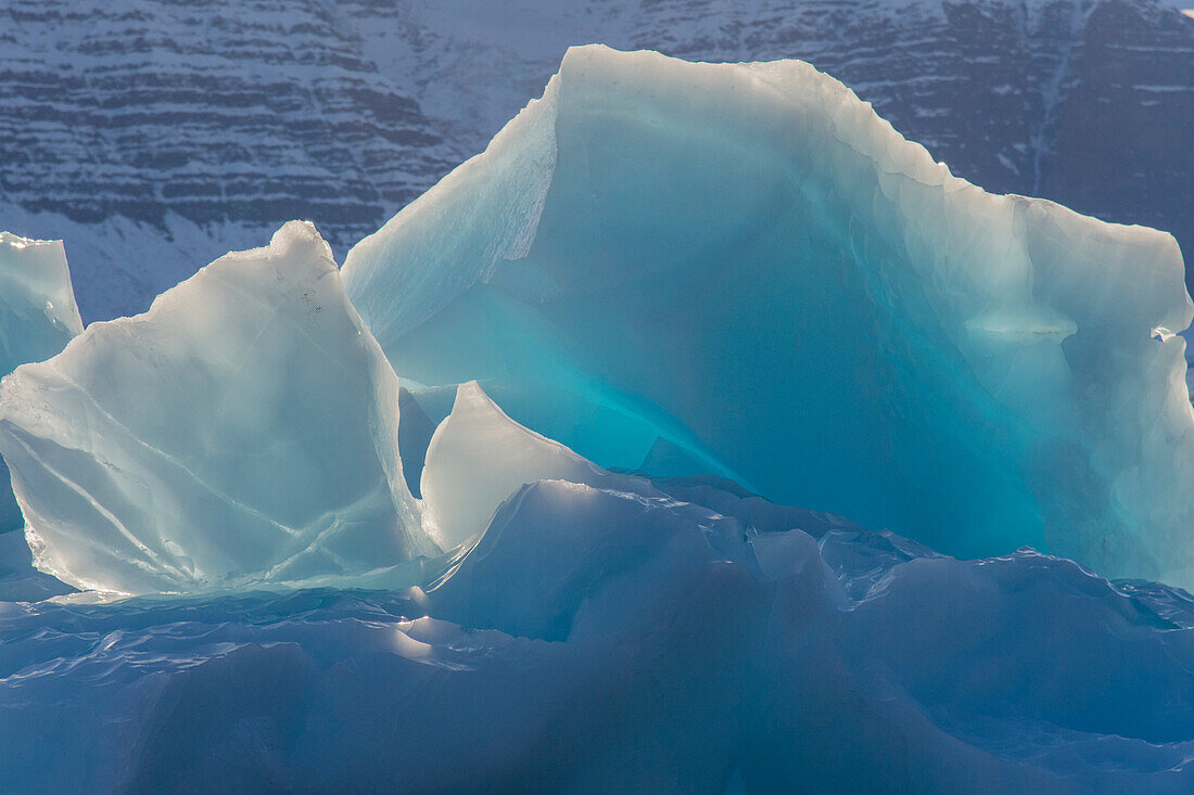 Grönland, Scoresby Sund, Gasefjord. Eisbrocken auf der Spitze eines Eisbergs.