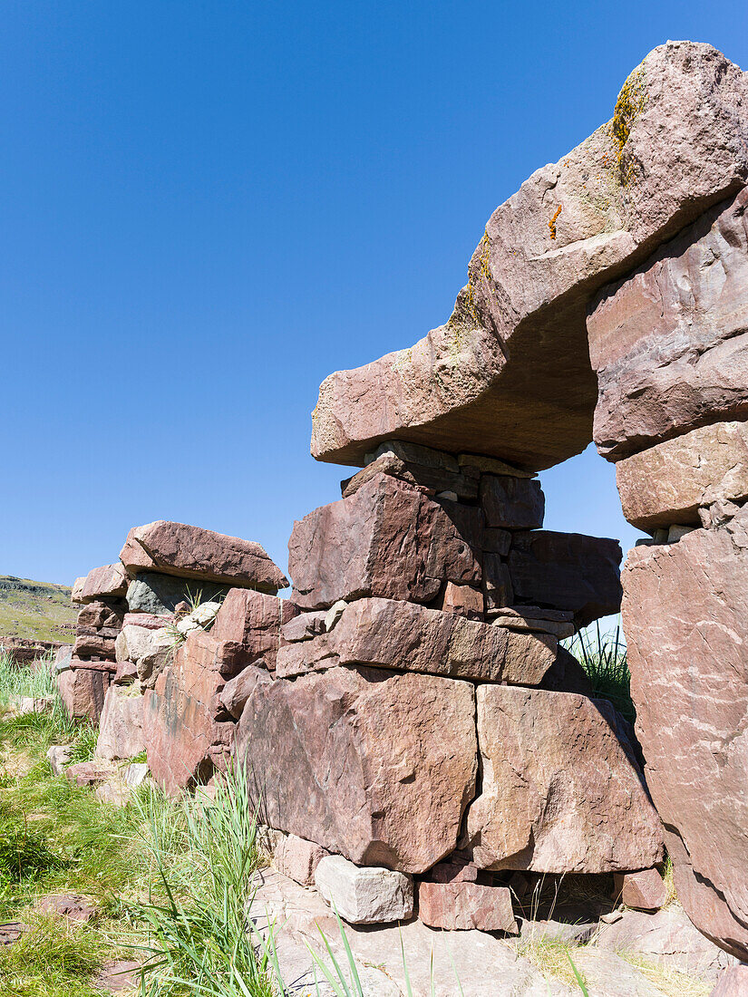 Ruins of the episcopal church. Village Igaliku (Gardar) on the shore of Einarsfjord in the South of Greenland. Gardar was diocesan town and cultural center for the norse (Vikings) settling in Greenland.