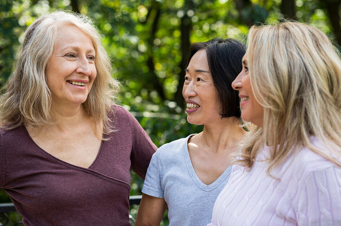 Kleine Gruppe von Frauen mittleren Alters, die sich im Freien unterhalten