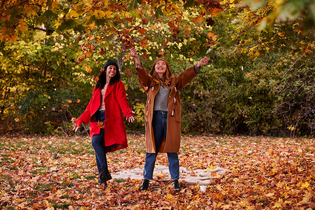 Freunde spielen mit Herbstblättern im Park