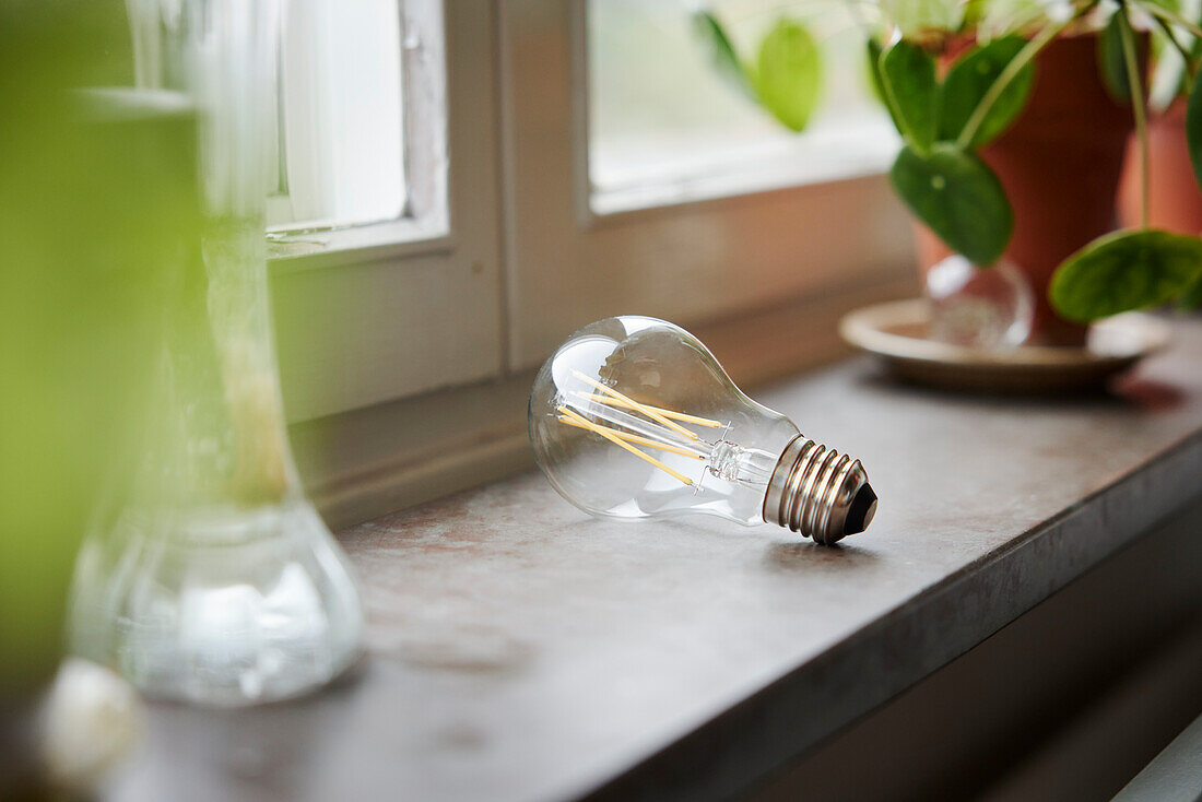 Light bulb on windowsill