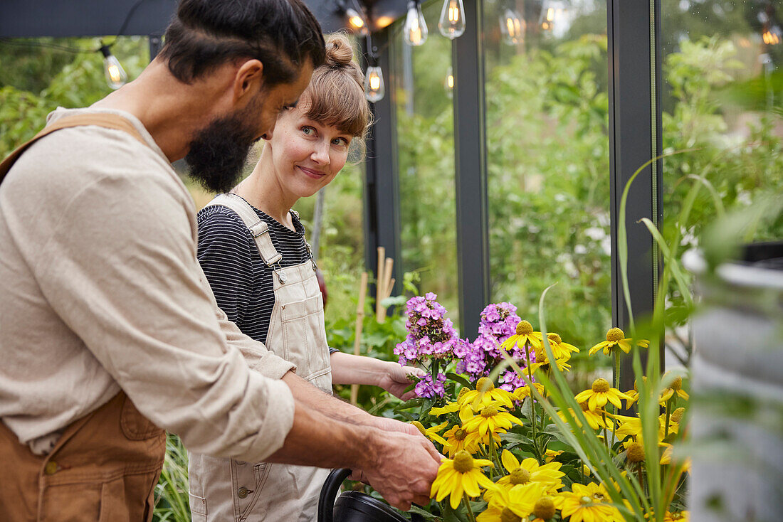 Couple gardening in greenhouse