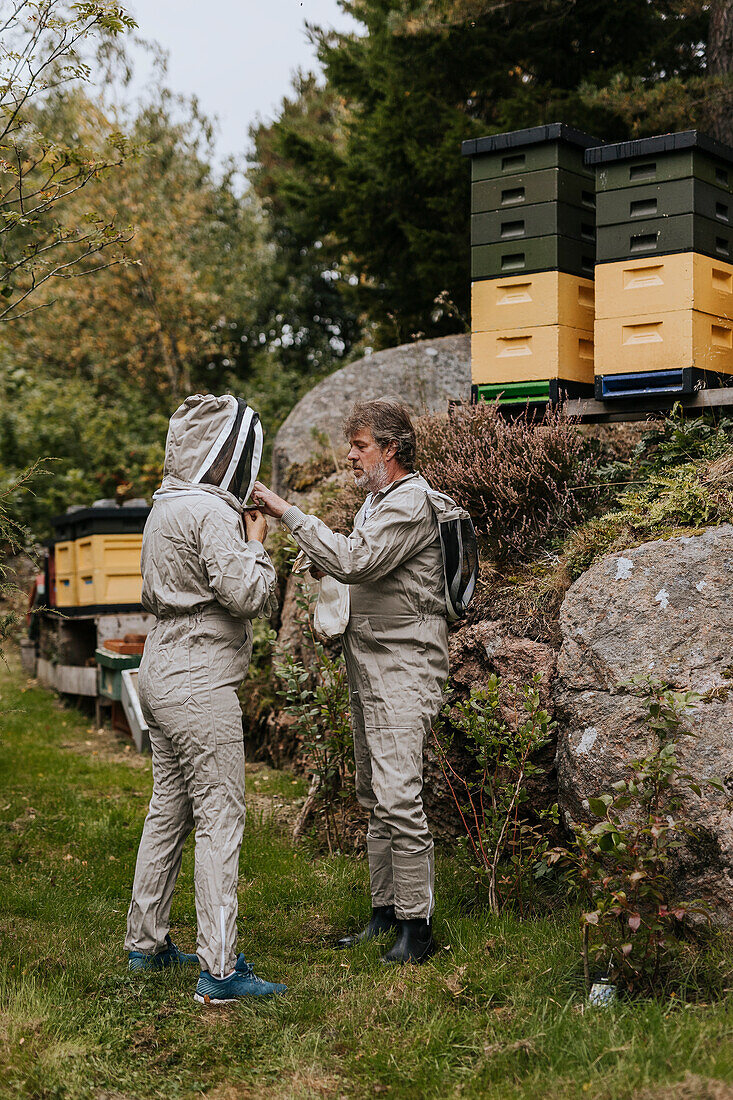 Imker ziehen Bienenanzüge an