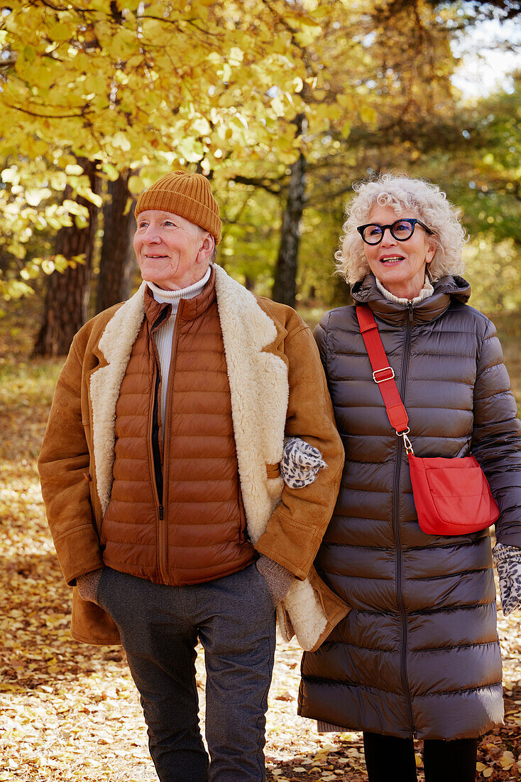 Älteres Paar beim Spaziergang im herbstlichen Park