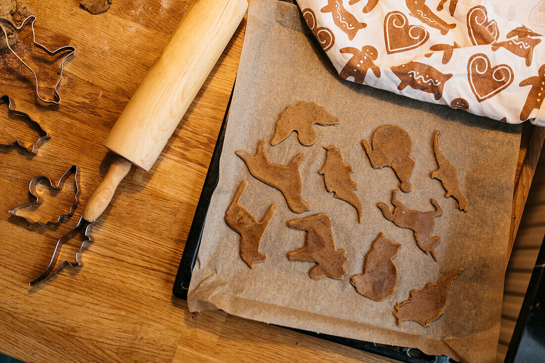 Animal shaped cookies on baking sheet