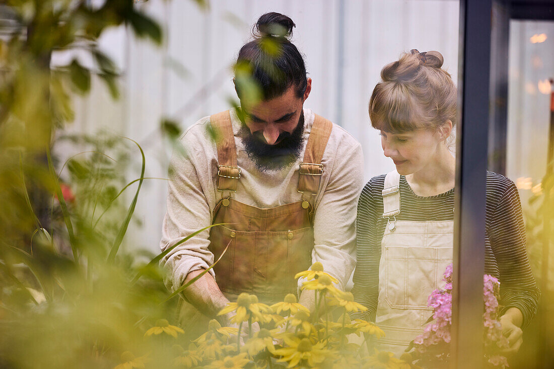 Smiling couple in greenhouse