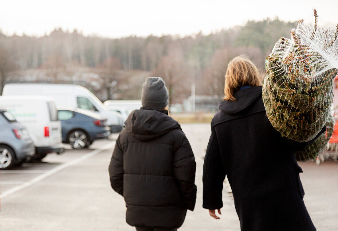 Couple carrying christmas tree