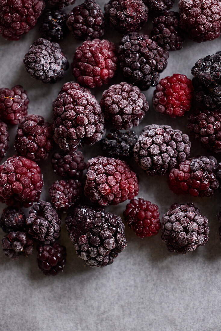 Close-up of frozen blackberries on table