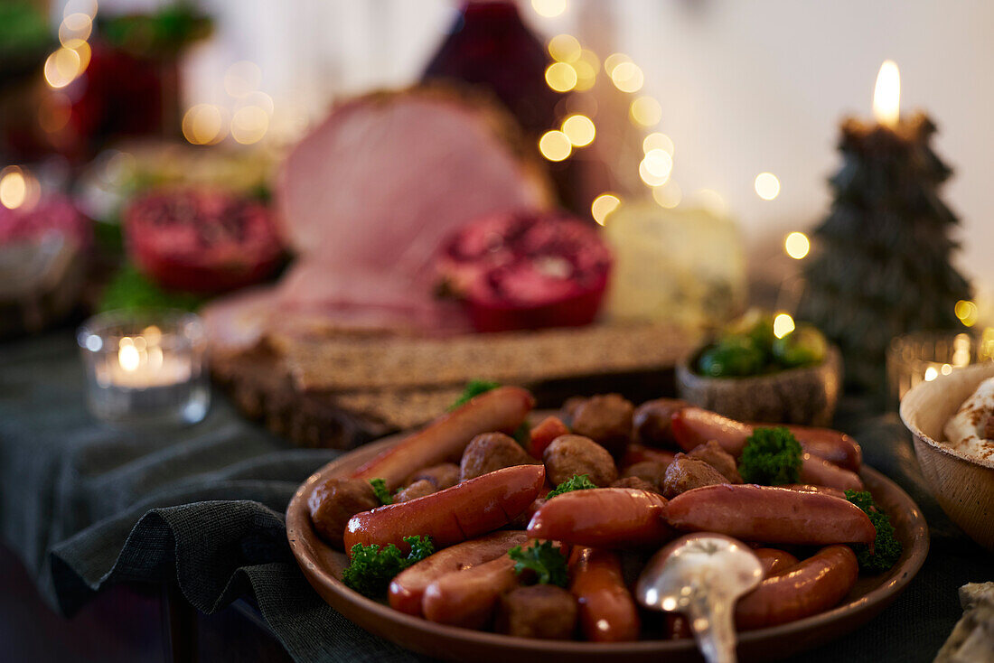 Christmas food and decoration on table