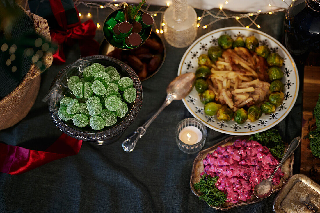 Christmas food and decoration on table