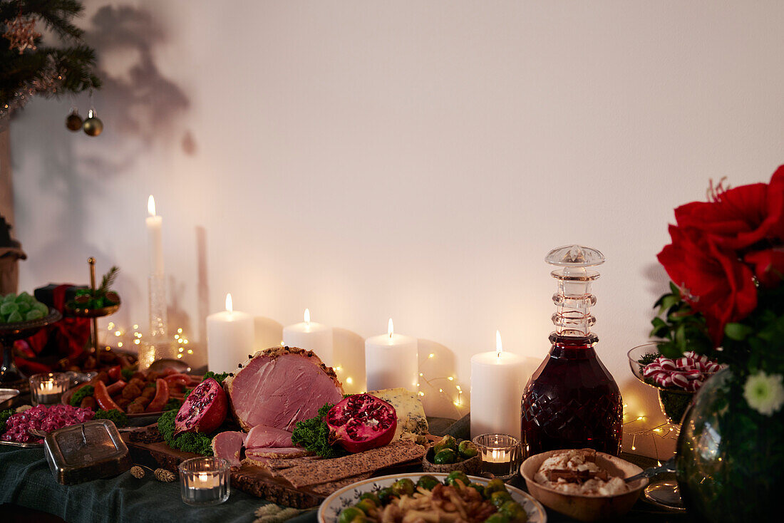 Christmas food and decoration on table