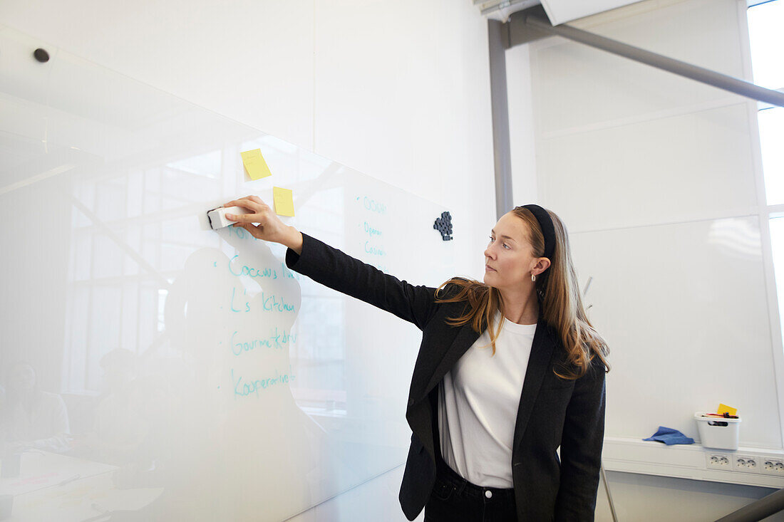 Blick auf eine Frau, die ein Whiteboard reinigt