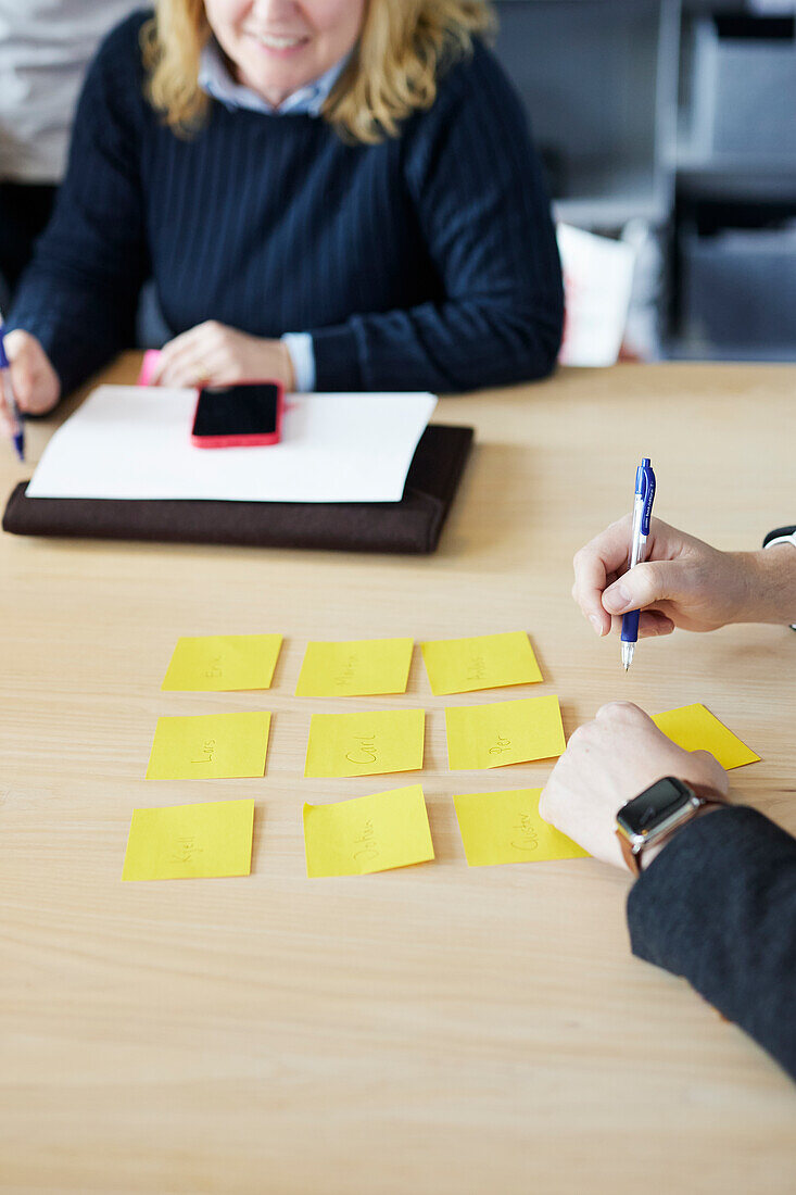 Menschen, die während eines Meetings auf Post Its schreiben