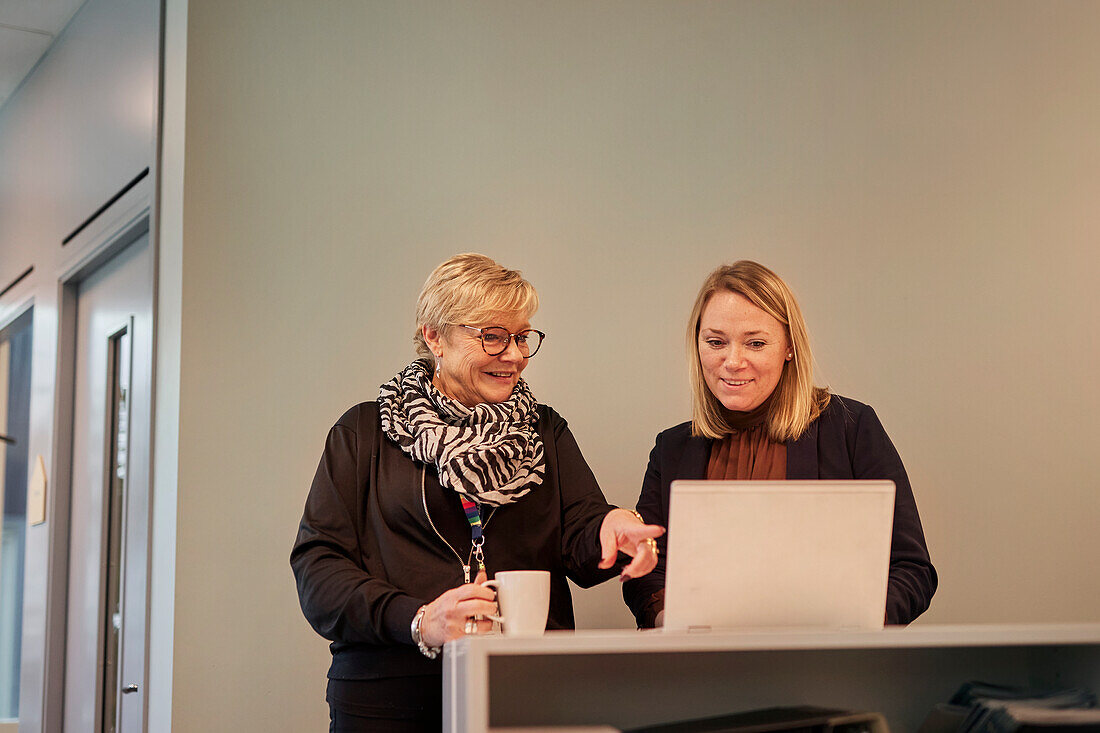 Smiling women in office using laptop