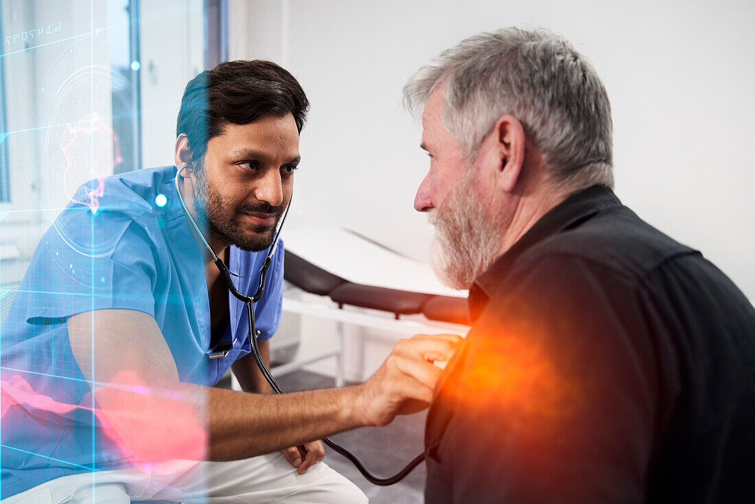 Male doctor examining senior patient with stethoscope