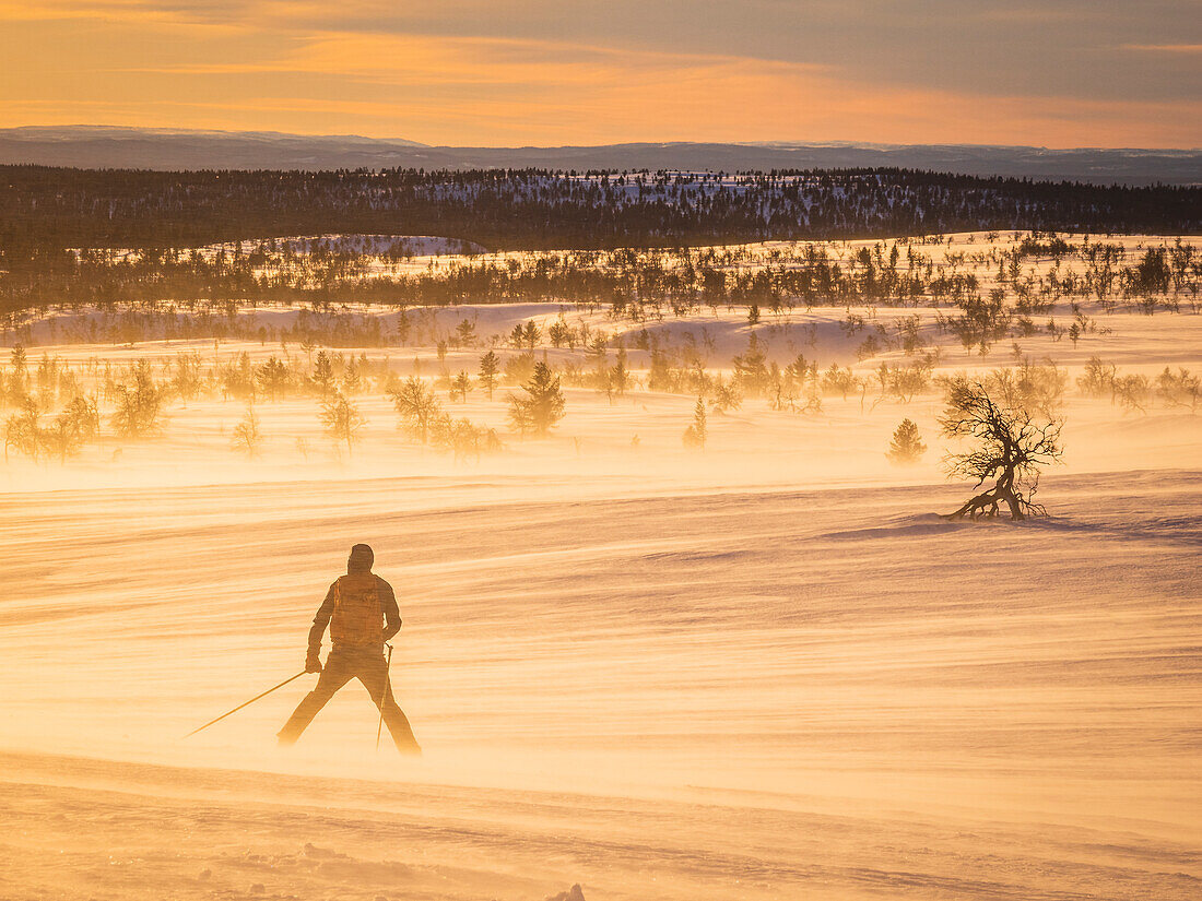 Silhouette eines Skifahrers bei Sonnenuntergang