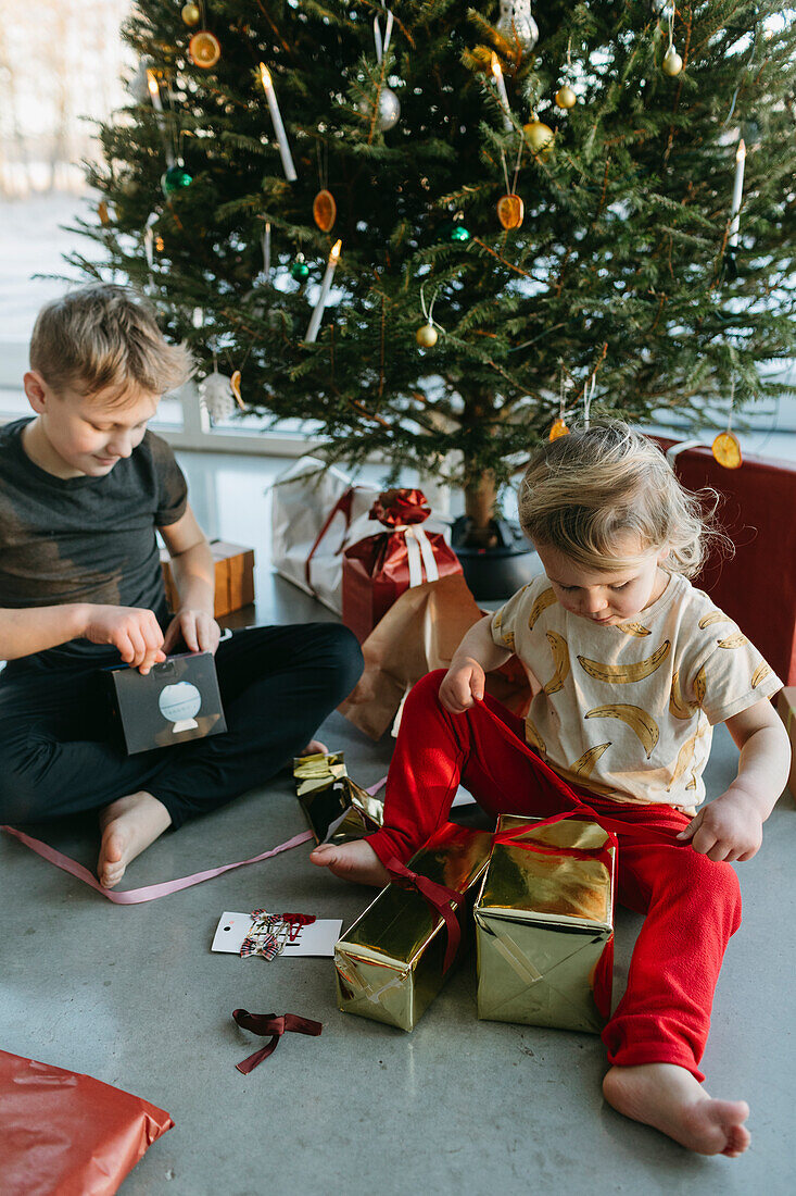 Bruder und Schwester öffnen Weihnachtsgeschenke unter dem Weihnachtsbaum