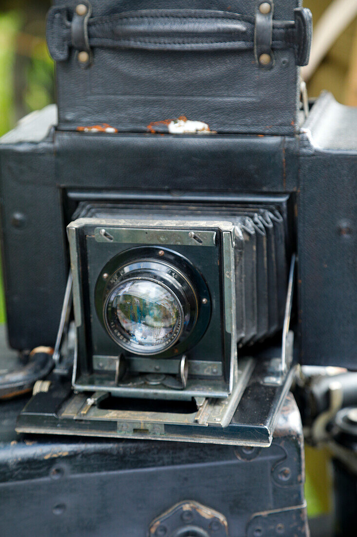 World War One re-creation and history. Close-up of old bellows-style camera.