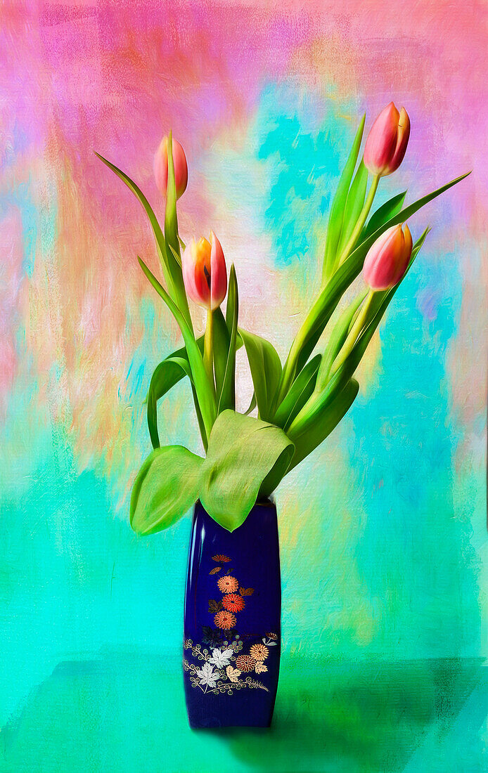 Still-life of tulips in a Japanese vase, as art