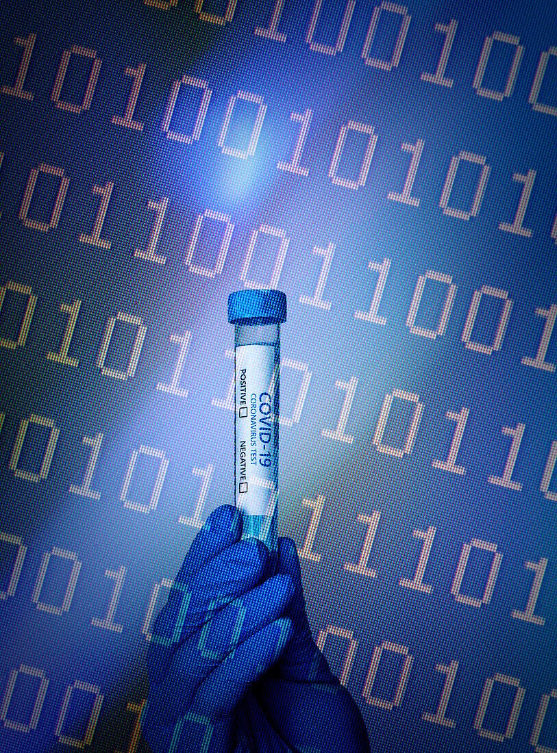 Eine behandschuhte Hand hält ein Covid-19-Reagenzglas und einen binären Code