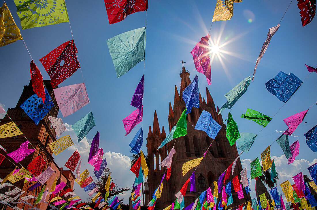 Mexico, San Miguel de Allende, Flags flying for the Day of the Dead celebration