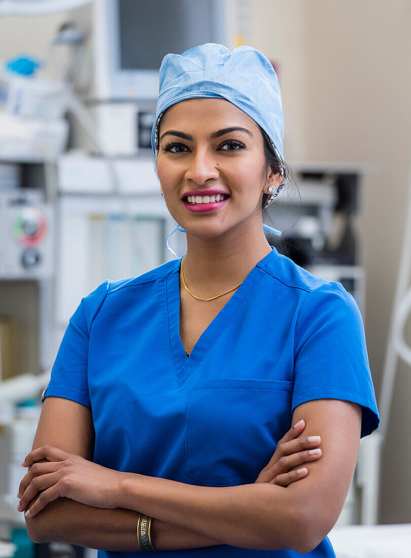 Portrait of female doctor wearing scrubs