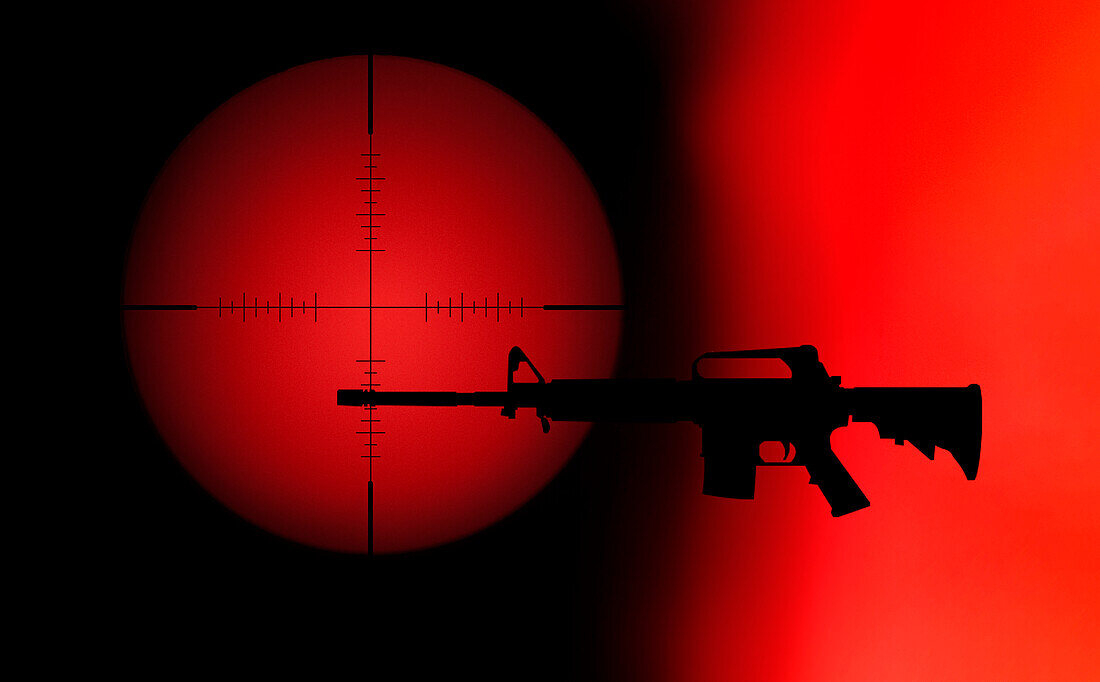Target crosshair with AR-15 rifle against red and black background